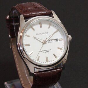 Men's Contemporary Dress Watch Silver Case Brown Leather Watch Strap 40mm
